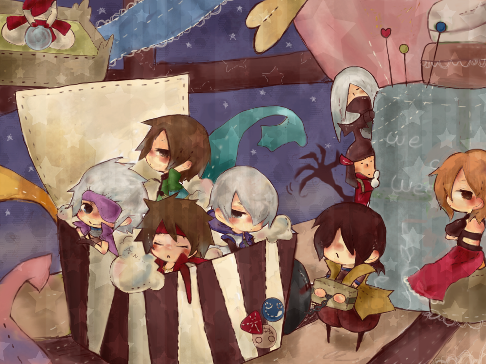 1girl, 6+boys, akechi_mitsuhide_(sengoku_basara), bad_id, bad_pixiv_id, basara_masa, box, chibi