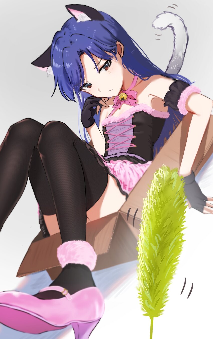1girl, animal_ears, ankle_cuffs, arm_scrunchie, bare_shoulders, black_gloves, black_thighhighs, blue_hair, blush, box, brown_eyes, cat_ears, cat_tail, cat_teaser, closed_mouth, dress, dutch_angle, fake_animal_ears, fake_tail, fingerless_gloves, flat_chest, fur-trimmed_dress, fur_trim, gloves, grey_background, hand_up, high_heels, highres, idolmaster, idolmaster_(classic), idolmaster_million_live!, idolmaster_million_live!_theater_days, in_box, in_container, kisaragi_chihaya, knees_up, long_hair, looking_at_viewer, lying, miyagi, motion_lines, neck_ribbon, nyannyan_cat's_eye_(idolmaster), on_back, pink_ribbon, pink_shoes, ribbon, shadow, shoes, simple_background, solo, strapless, strapless_dress, tail, thighhighs, two-tone_dress, two-tone_scrunchie, zettai_ryouiki