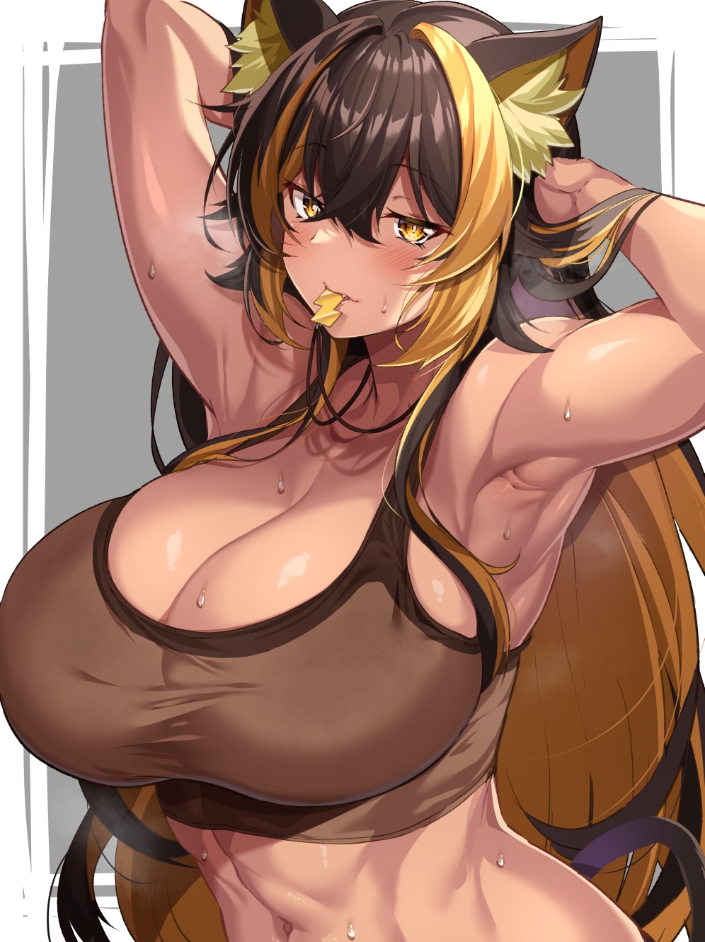 1girl, animal_ears, armpits, arms_behind_head, arms_up, bare_arms, bare_shoulders, biro-budou
