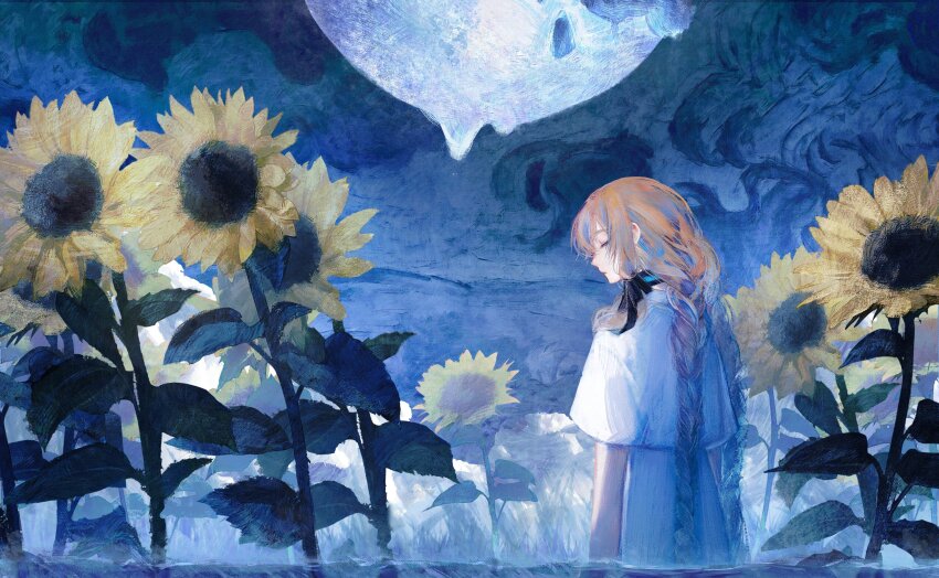 1girl, absurdres, blue_hair, braid, brown_hair, closed_eyes, dancing_stew, dazbee, dress, field, flower, flower_field, from_behind, highres, indie_utaite, long_hair, multicolored_hair, painting_(medium), scenery, sky, streaked_hair, sunflower, sunflower_(song), sunflower_field, traditional_media, twin_braids, utaite, very_long_hair, white_dress