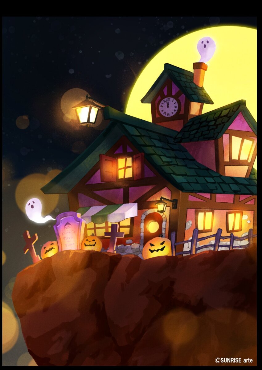 building, clock, fence, ghost, halloween, highres, house, jack-o'-lantern