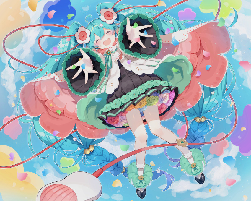 1girl, absurdres, aqua_flower, aqua_hair, aqua_rose, black_dress, black_footwear, blue_flower