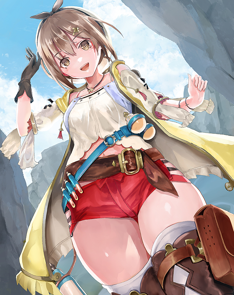 1girl, :d, atelier_(series), atelier_ryza, atelier_ryza_1, belt, beret, black_hairband