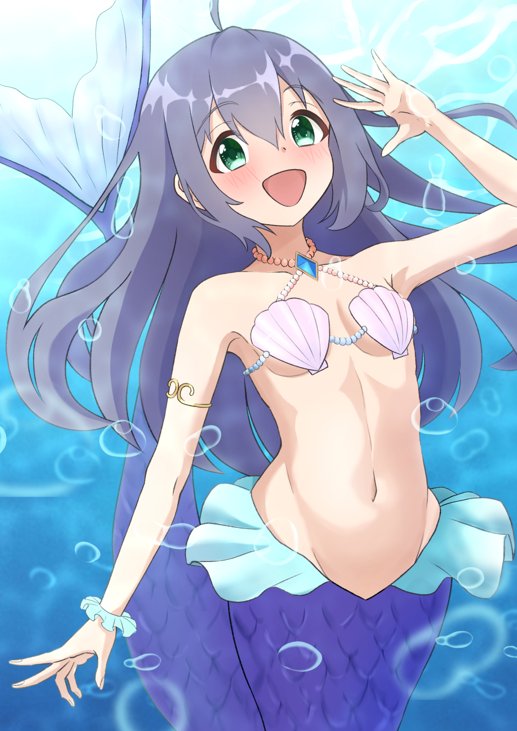 1girl, :d, aqua_scrunchie, bikini, blush, breasts, choda, collarbone, commentary_request, green_eyes, hair_between_eyes, highres, idolmaster, idolmaster_million_live!, jewelry, long_hair, mermaid, mochizuki_anna, monster_girl, monsterification, navel, necklace, open_mouth, pearl_necklace, purple_hair, scales, scrunchie, shell, shell_bikini, small_breasts, smile, solo, sweatdrop, underwater, wrist_scrunchie