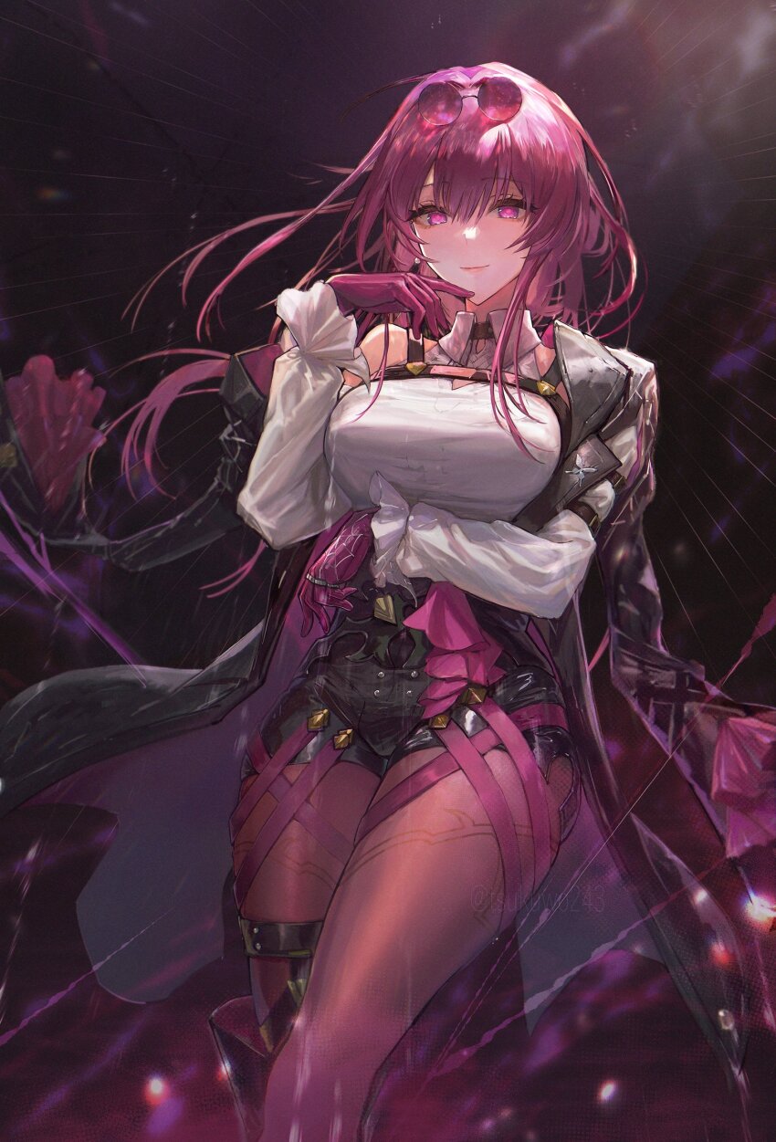 1girl, arm_belt, belt, black_belt, black_jacket, black_shorts, blunt_bangs, boots