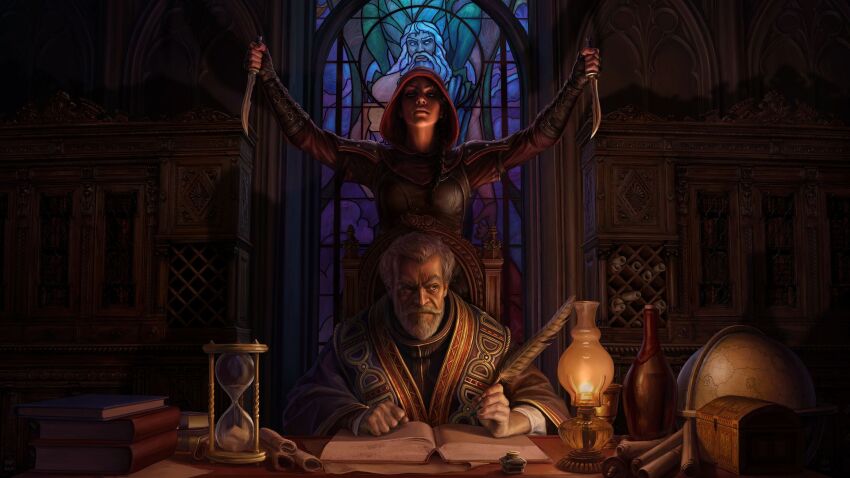 1boy, 1girl, beard, book, bottle, clenched_hands, dagger, dual_wielding, facial_hair, globe, grey_hair, highres, holding, holding_dagger, holding_knife, holding_quill, holding_weapon, hood, hourglass, indoors, inkwell, knife, lamp, official_art, open_book, quill, scroll, stained_glass, the_elder_scrolls, the_elder_scrolls_online, treasure_chest, weapon