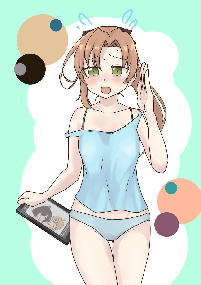 1girl, absurdres, akigumo_(kancolle), blue_camisole, blue_panties, brown_hair, camisole, cowboy_shot, flying_sweatdrops, green_eyes, hair_ribbon, highres, kantai_collection, long_hair, minamino, mole, mole_under_eye, panties, ponytail, ribbon, solo, standing, strap_slip, tablet_pc, underwear