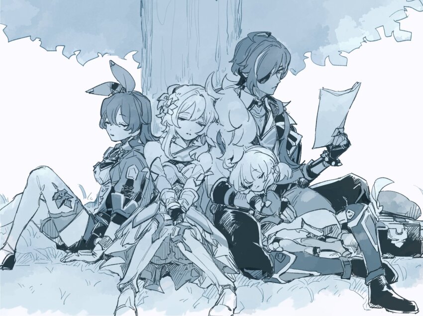 1boy, 3girls, amber_(genshin_impact), blue_theme, boots, breasts, closed_eyes, dark-skinned_male