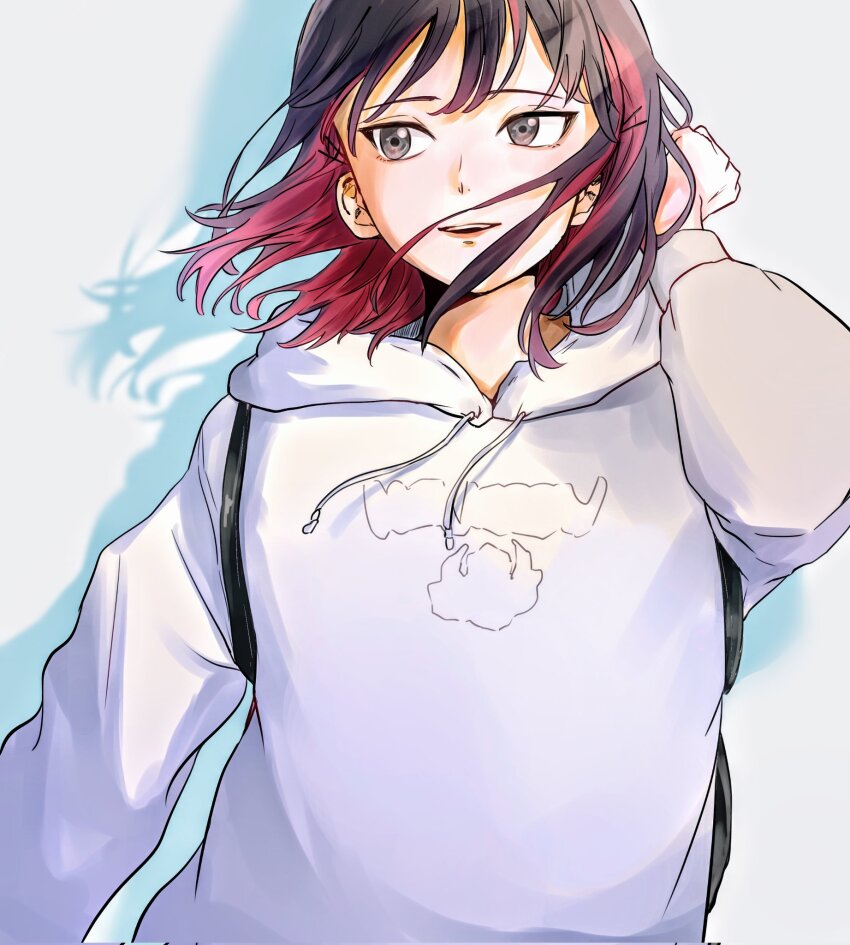 1girl, black_hair, hand_in_own_hair, highres, hood, hoodie, medium_hair, multicolored_hair