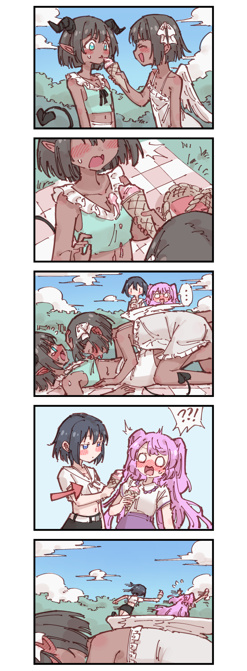 !?, ..., 4girls, 5koma, @_@, ^^^, ^_^, absurdres, all_fours, angel, arm_at_side, arm_up, arms_at_sides, arms_up, arrow_(symbol), bare_shoulders, basket, belt, black_hair, black_horns, black_skirt, blue_eyes, blue_sky, blunt_bangs, blush, bob_cut, border, breasts, brown_hair, choco_(rune_(dualhart)), cleavage, closed_eyes, closed_mouth, cloud, collarbone, comic, crop_top, dark-skinned_female, dark_skin, day, demon_girl, demon_horns, demon_tail, dot_mouth, dress, ear_blush, embarrassed, facing_another, feathered_wings, feeding, female_focus, fleeing, flying_sweatdrops, food, food_on_body, frilled_dress, frilled_shirt, frills, from_side, grass, green_eyes, green_shirt, hair_ribbon, half-closed_eyes, hand_on_another's_head, hand_up, happy, head_out_of_frame, highres, holding, holding_food, holding_ice_cream, horns, ice_cream, leg_between_thighs, licking, long_hair, looking_at_another, lying, midriff, miniskirt, motion_lines, multiple_girls, multiple_views, natali_(rune_(dualhart)), navel, nose_blush, o_o, on_back, open_mouth, original, outdoors, outstretched_arm, pencil_skirt, picnic, picnic_basket, pink_hair, pointy_ears, profile, purple_skirt, ribbon, rita_(rune_(dualhart)), rug, rune_(dualhart), running, sailor_collar, shirt, shirt_tucked_in, short_hair, short_sleeves, sidelocks, sideways_mouth, sketch, skirt, sky, sleeveless, sleeveless_dress, sleeveless_shirt, small_breasts, smile, spaghetti_strap, speech_bubble, spill, spoken_ellipsis, spoken_interrobang, stomach, surprised, sweat, tail, tears, thalia_(rune_(dualhart)), tongue, tongue_out, tree, two_side_up, u_u, upper_body, white_border, white_dress, white_ribbon, white_sailor_collar, white_shirt, white_skirt, white_wings, wide-eyed, wings, yuri