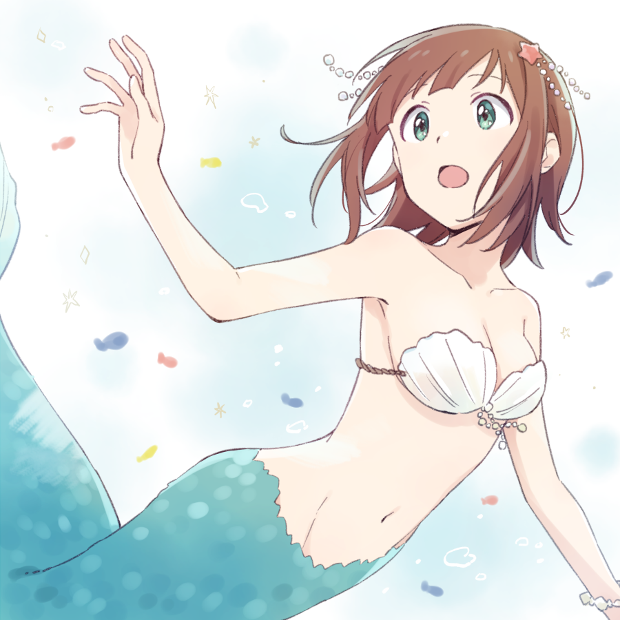 1girl, air_bubble, amami_haruka, arm_up, bare_shoulders, bikini, bikini_top_only, bracelet, breasts, brown_hair, bubble, cleavage, collarbone, demirinz, fish, green_eyes, hair_ornament, idolmaster, idolmaster_(classic), idolmaster_million_live!, idolmaster_million_live!_theater_days, jewelry, looking_at_another, medium_breasts, mermaid, monster_girl, navel, open_hand, open_mouth, shell, shell_bikini, short_hair, solo, star_(symbol), star_hair_ornament, submerged, swimsuit, underwater, water