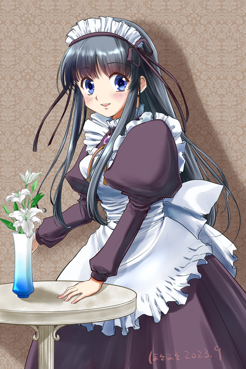 1girl, apron, blue_eyes, highres, hosobozo_(user_jtzh8832), long_hair, long_sleeves, looking_at_viewer