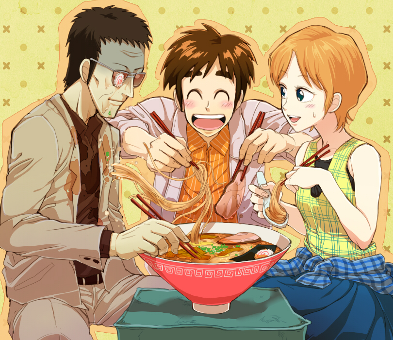 1girl, 2boys, atsuize_pen-chan, black_hair, black_shirt, blue_skirt, blush, bowl