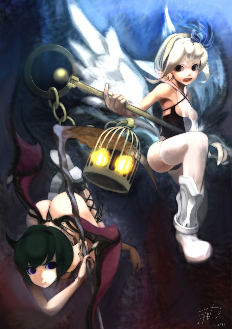 2girls, angel, angel_and_devil, ass, bad_id, bad_pixiv_id, birdcage, blue_eyes, boots, brown_eyes, cage, demon, demon_girl, green_hair, horns, multiple_girls, ocaca_(chocolate-hopper), original, scythe, short_hair, thighhighs, white_hair, wings