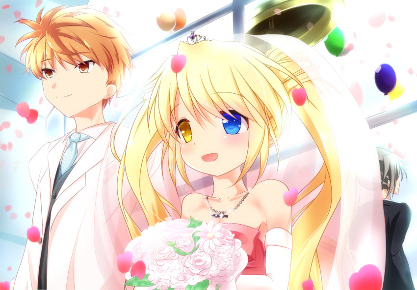 1girl, 2boys, :d, balloon, bare_shoulders, bell, blonde_hair, blue_eyes