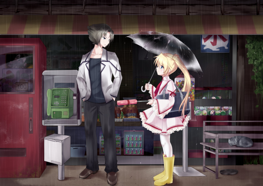 bench, black_pants, blonde_hair, blue_eyes, boots, candy_store, cat, clannad