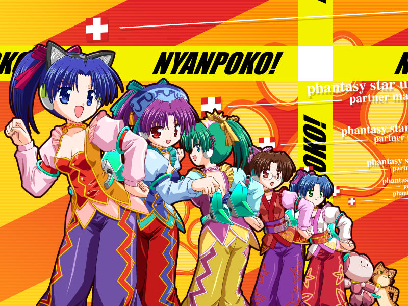 5girls, :3, :d, android, animal_ears, armband, blue_eyes, blue_hair