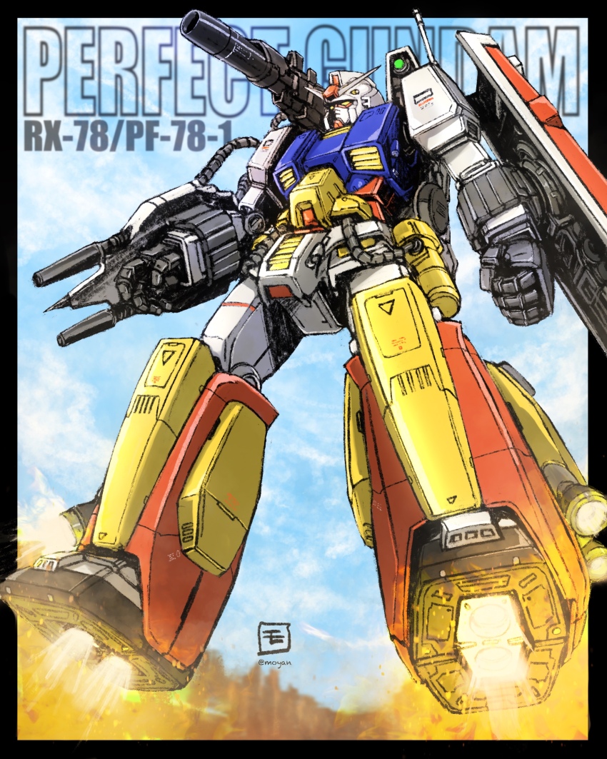 absurdres, arm_cannon, arm_shield, artist_logo, black_border, blue_sky, border, character_name