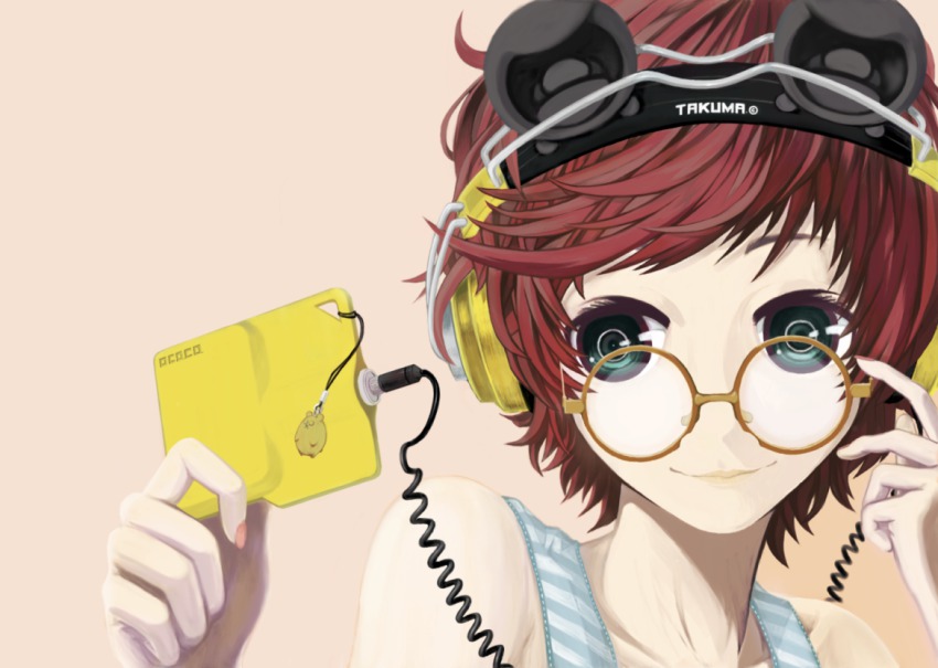 1girl, adjusting_eyewear, bad_id, bad_pixiv_id, cellphone_charm, cellphone_strap, charm_(object), mp3_player