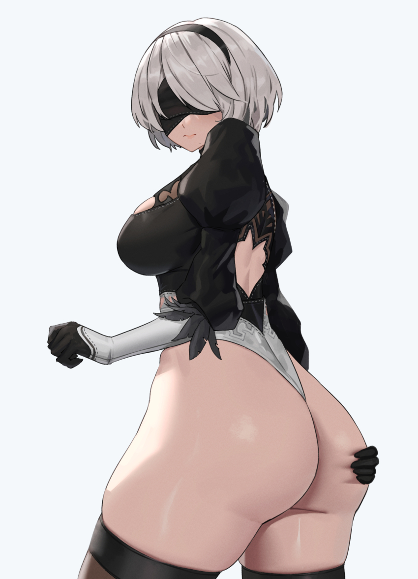 1girl, 2b_(nier:automata), absurdres, ass, ass_focus, black_gloves, black_hairband, blindfold