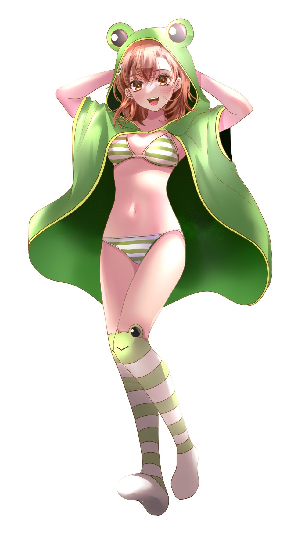 1girl, animal_hood, arms_behind_head, bikini, blush, breasts, brown_eyes, brown_hair