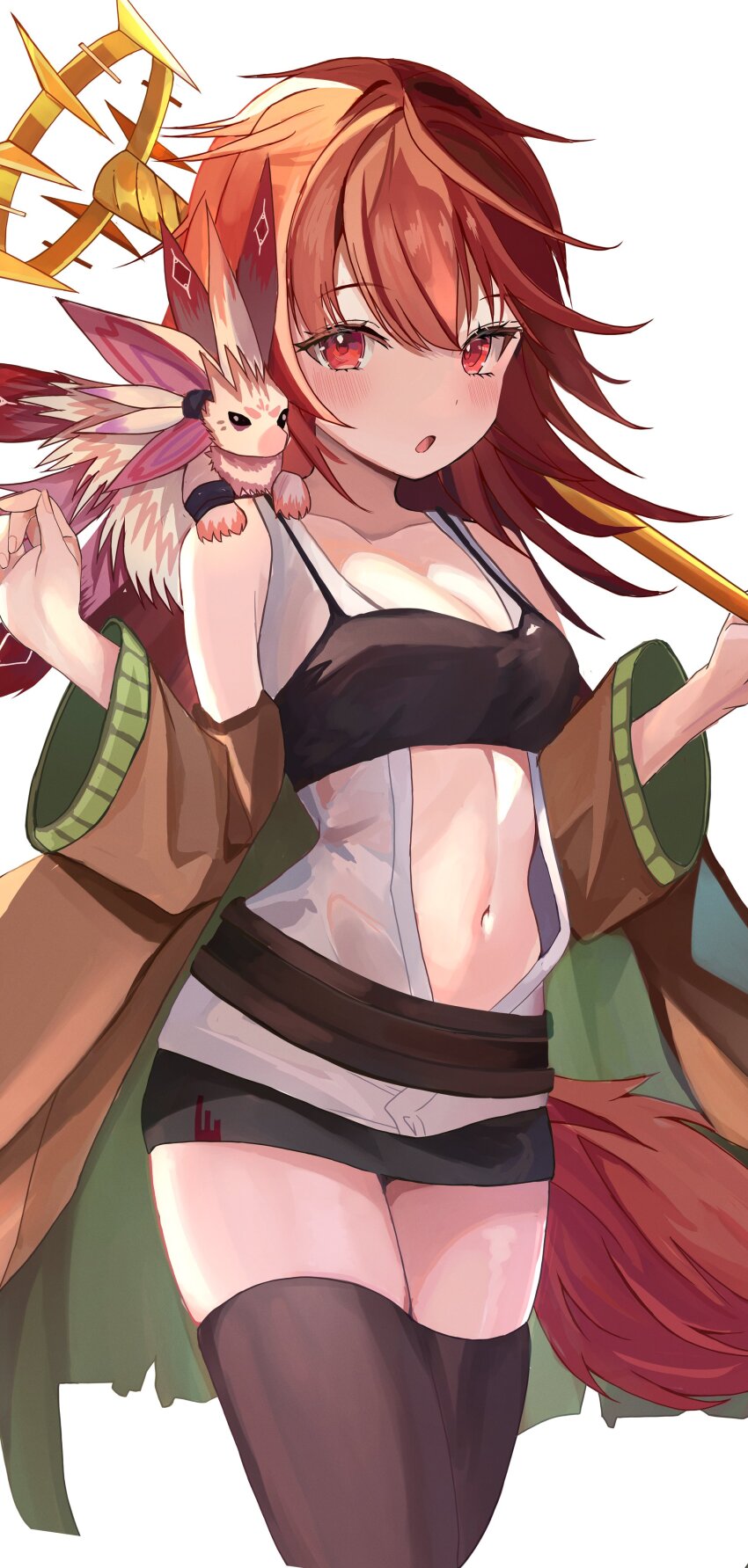 1girl, absurdres, bare_shoulders, belt, breasts, cleavage, collarbone, creature