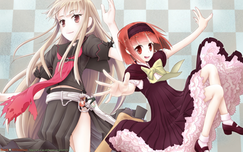 10s, 2girls, akai_ringo, akai_ringo_(ookami-san), bow, brown_hair, checkered_floor, floor, hairband, highres, long_hair, multiple_girls, ookami-san, ookami_ryouko, paco_2, red_hair, school_uniform, short_hair, side_slit