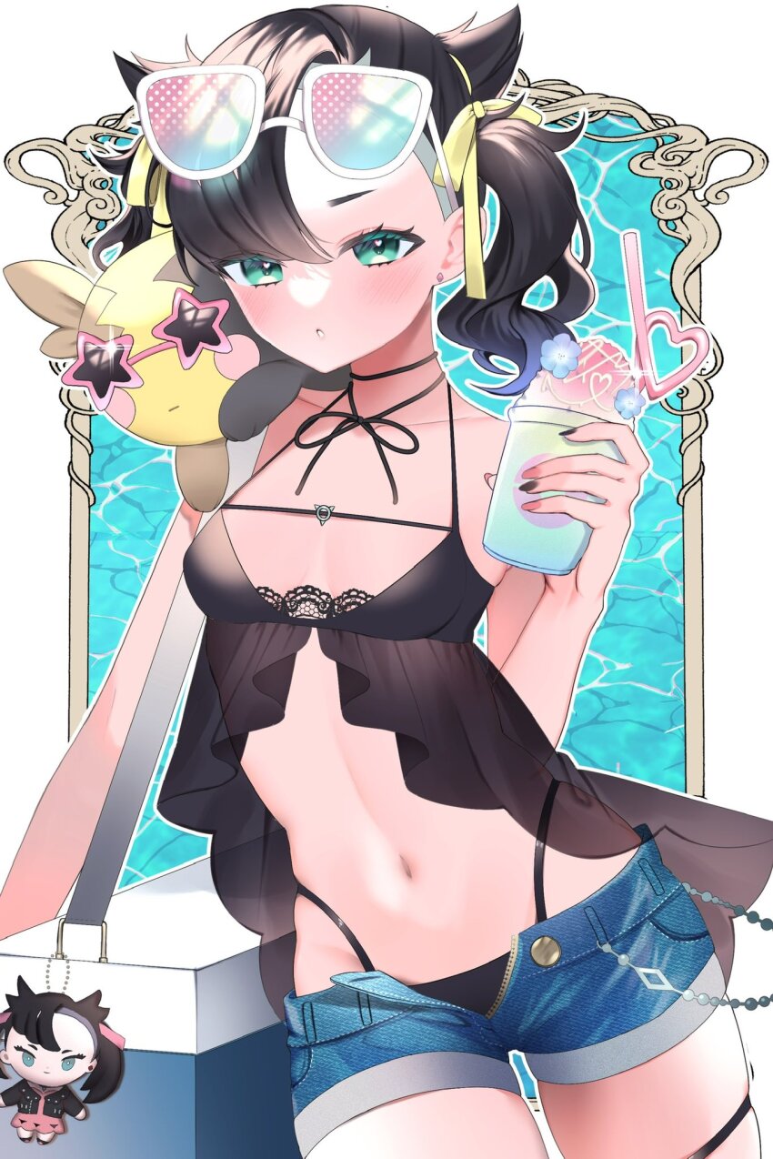 1girl, alternate_costume, azuki_anko, bikini, black_bikini, blush, breasts, character_doll, collarbone, cooler, cowboy_shot, cup, denim, denim_shorts, doll, drinking_straw, earrings, eyelashes, flower, food, gen_8_pokemon, green_eyes, highres, holding, holding_cup, jewelry, marnie_(pokemon), mixed-language_commentary, morpeko, morpeko_(full), navel, nintendo, on_shoulder, parted_lips, pokemon, pokemon_(creature), pokemon_on_shoulder, pokemon_sword_and_shield, shaved_ice, short_shorts, shorts, small_breasts, solo, sunglasses, swimsuit, thigh_strap, twintails