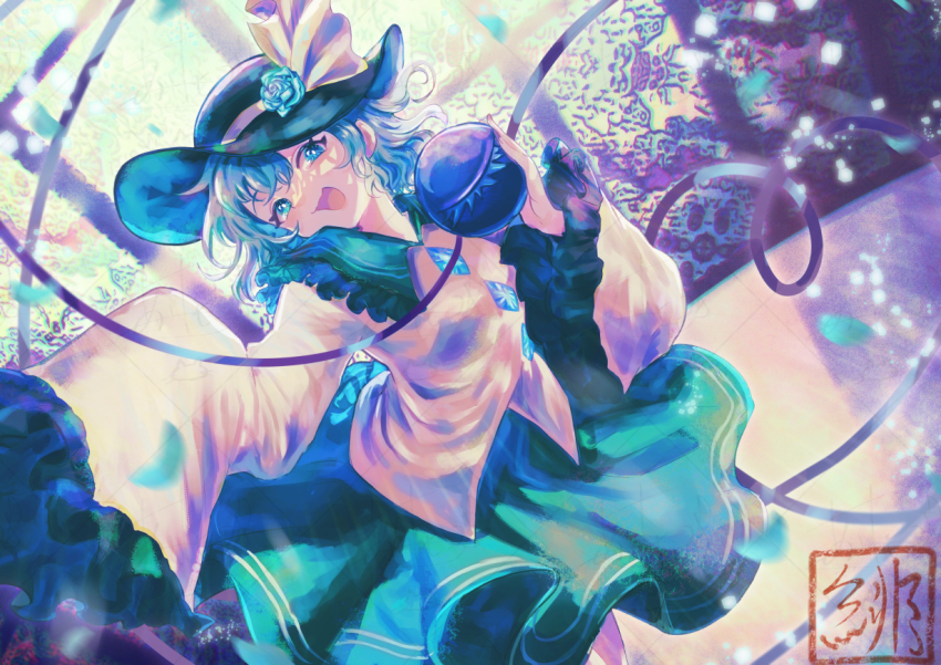 1girl, :d, black_hat, blouse, blue_flower, blue_rose, blush, bright_pupils