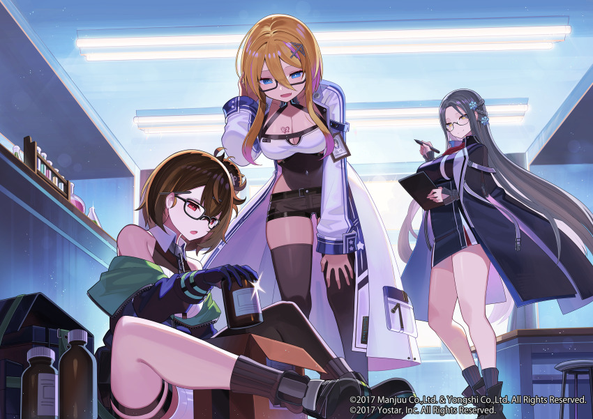 3girls, :d, :o, absurdres, asymmetrical_legwear, azur_lane, bare_shoulders, black-framed_eyewear