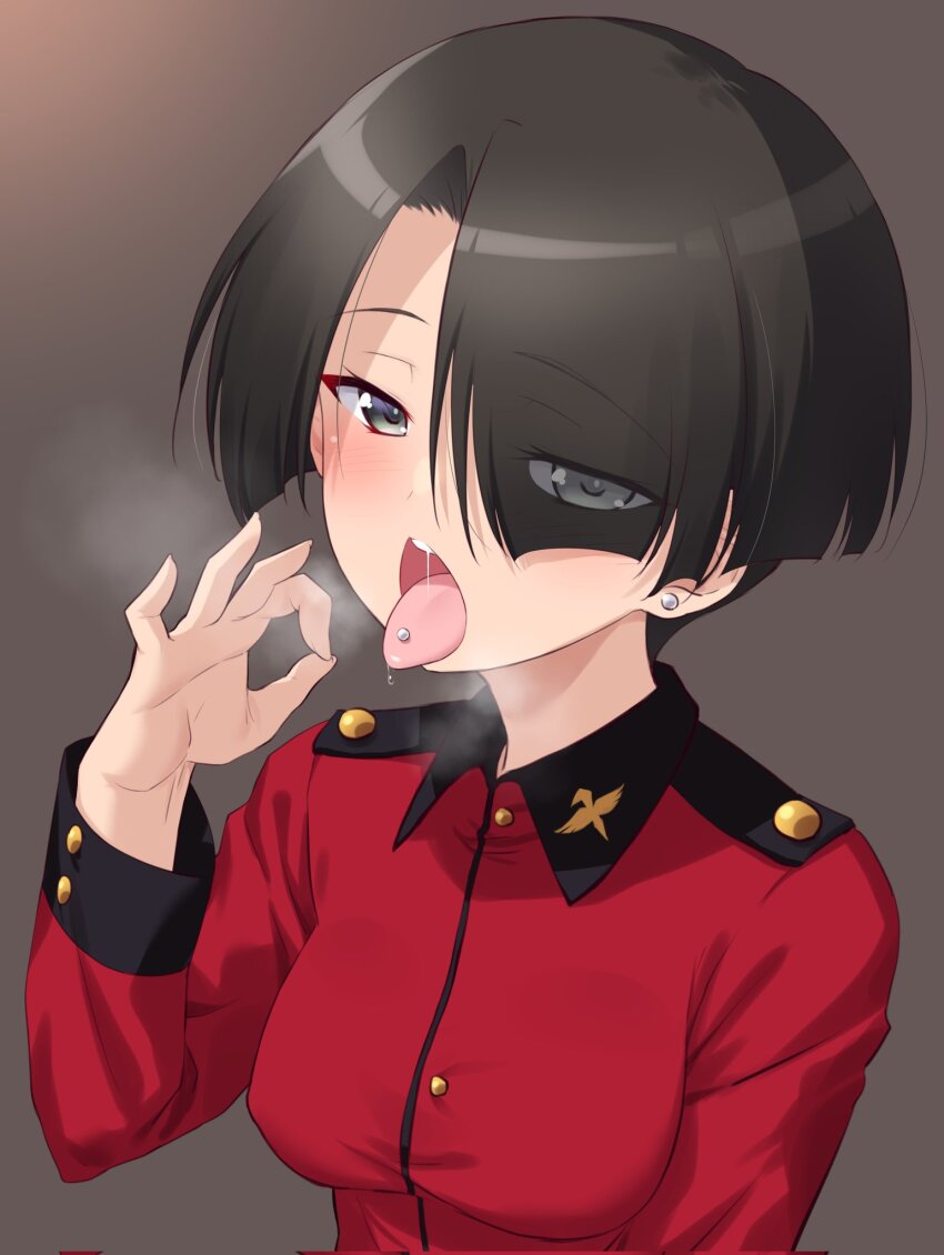 1girl, black_hair, blush, breasts, earrings, fellatio_gesture, girls_und_panzer, green_eyes, hair_over_one_eye, highres, jewelry, kuzuryuu_kennosuke, large_breasts, looking_at_viewer, military_uniform, open_mouth, piercing, saliva, short_hair, solo, st._gloriana's_military_uniform, st._gloriana's_student_(girls_und_panzer_saishuushou), tongue, tongue_out, tongue_piercing, upper_body, vanilla_(girls_und_panzer)
