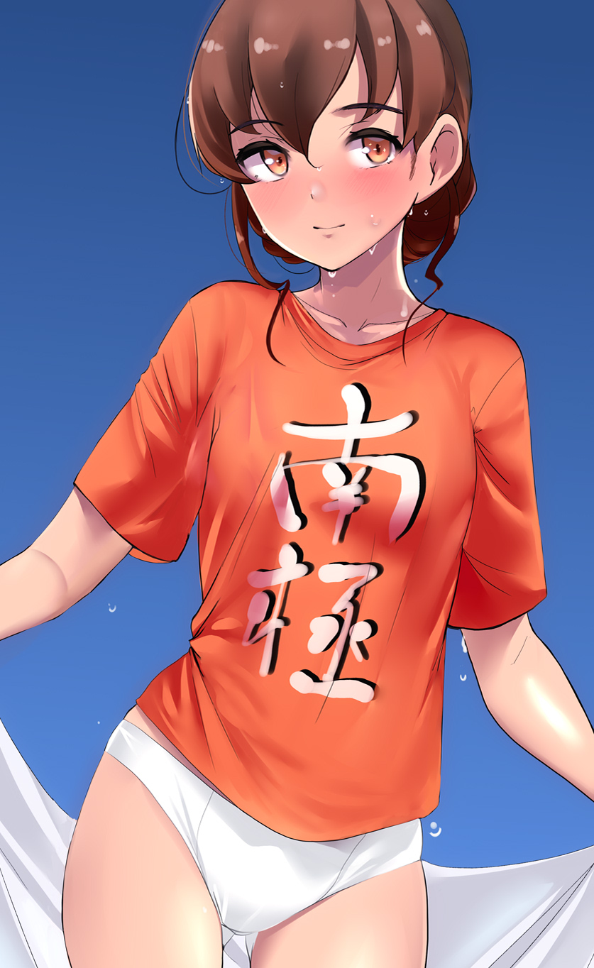 1girl, bikini, bikini_bottom_only, bikini_under_clothes, braid, breasts, brown_hair, clothes_writing, highres, kantai_collection, long_hair, looking_at_viewer, no_pants, orange_eyes, orange_shirt, shirt, short_sleeves, single_braid, small_breasts, smile, solo, souya_(kancolle), souya_(summer)_(kancolle), souya_agb_(kancolle), standing, swimsuit, t-shirt, tirasi_(so), white_bikini