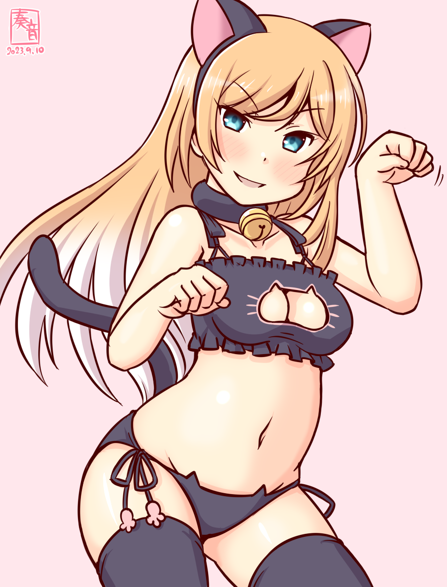 1girl, animal_cutout, animal_ears, bell, black_bra, black_panties, black_thighhighs, blue_eyes, bra, breasts, cat_cutout, cat_ear_panties, cat_ears, cat_lingerie, cat_tail, cleavage, cleavage_cutout, clothing_cutout, cowboy_shot, dated, frilled_bra, frills, gradient_hair, kanon_(kurogane_knights), kantai_collection, long_hair, looking_at_viewer, medium_breasts, multicolored_hair, navel, neck_bell, one-hour_drawing_challenge, orange_hair, panties, paw_pose, pink_background, salmon_(kancolle), side-tie_panties, simple_background, solo, tail, thighhighs, underwear, underwear_only, white_hair