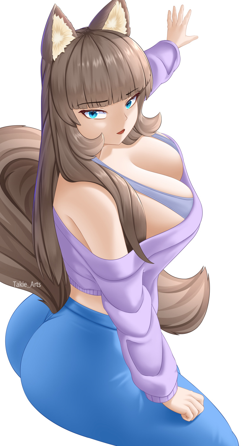 1girl, absurdres, animal_ear_fluff, animal_ears, ass, bad_anatomy, bare_shoulders, blue_eyes