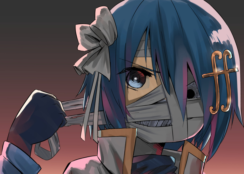 1girl, bandage_pull, bandaged_head, bandages, black_gloves, blue_eyes, bow, commentary, empty_eyes, fortissimo, gloves, gold_trim, grin, hair_bow, hair_ornament, long_sleeves, looking_at_viewer, mahou_shoujo_madoka_magica, mahou_shoujo_madoka_magica:_walpurgis_no_kaiten, miki_sayaka, miki_sayaka_(magical_girl), musical_note, musical_note_hair_ornament, oktavia_von_seckendorff, portrait, smile, solo, white_bow, zombie_mogura