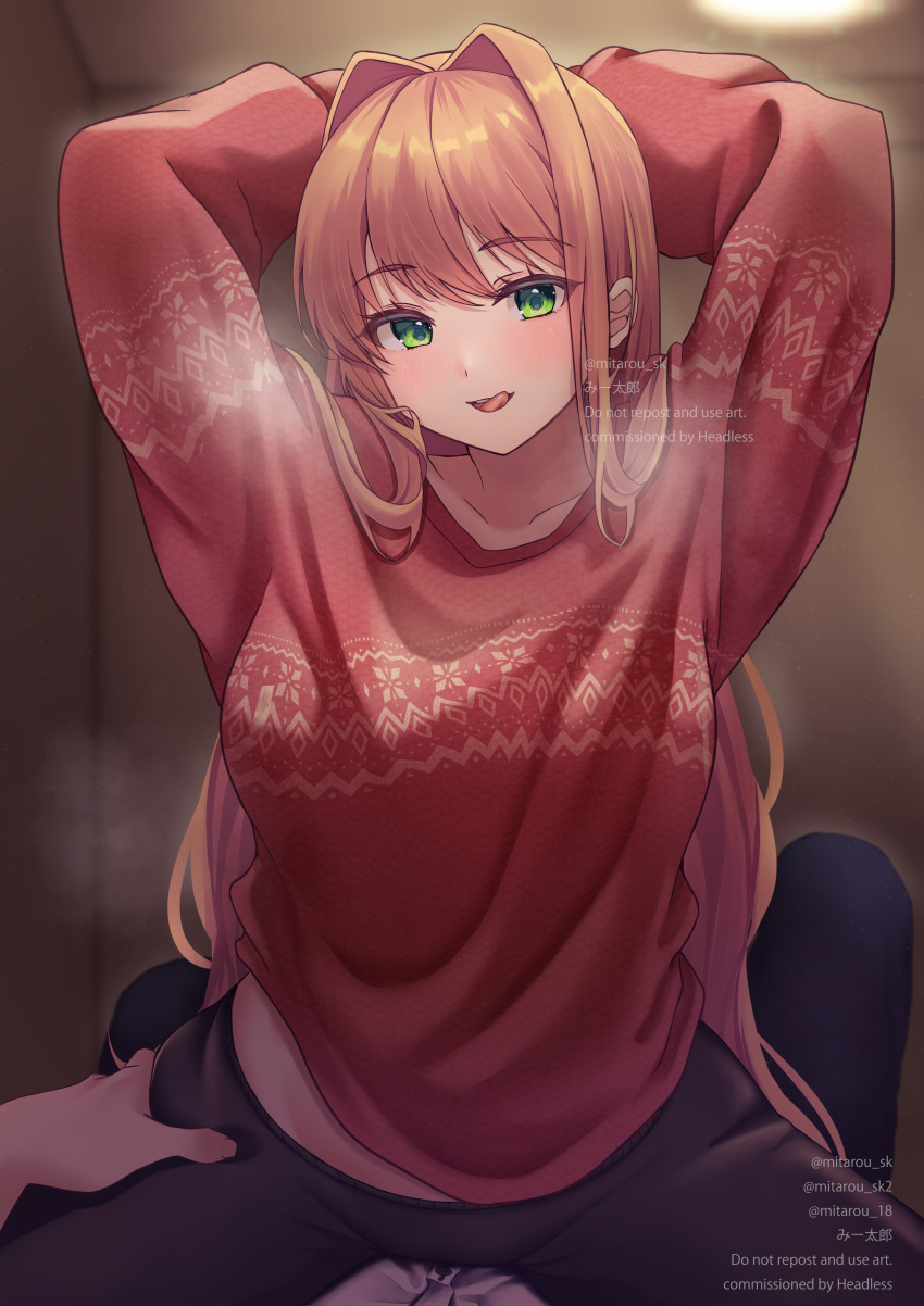 1girl, absurdres, arms_behind_head, arms_up, black_pants, blush, breasts, collarbone