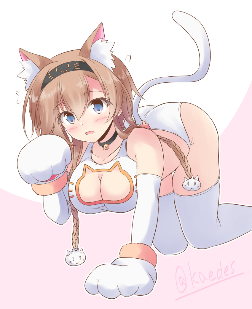 1girl, animal_ears, animal_hands, bell, bra, braid, breasts, cat_cutout, cat_ears, cat_hair_ornament, cat_lingerie, cat_tail, cleavage, clothing_cutout, gloves, grey_eyes, hair_ornament, highres, jingle_bell, kantai_collection, large_breasts, light_brown_hair, long_hair, neck_bell, one-hour_drawing_challenge, panties, paw_gloves, paw_pose, shizuna_kaede, solo, tail, teruzuki_(kancolle), thighhighs, twin_braids, underwear, underwear_only, white_bra, white_panties, white_thighhighs