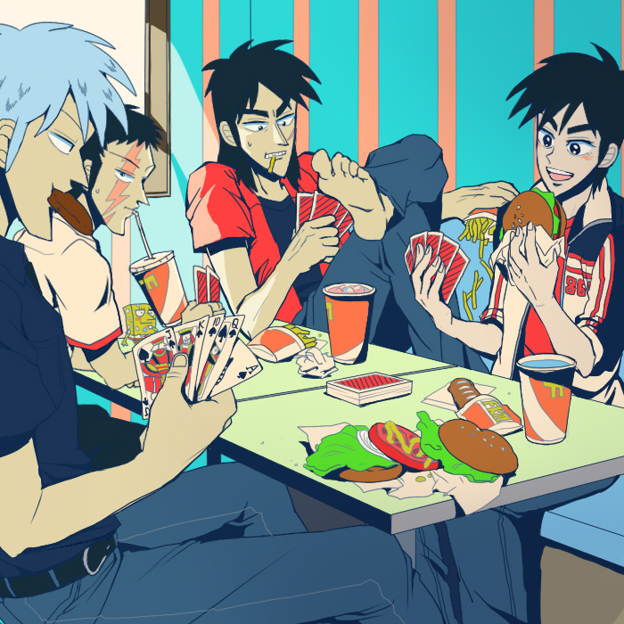 4boys, akagi:_yami_ni_oritatta_tensai, akagi_shigeru, barefoot, black_hair, black_shirt, booth_seating, buraiden_gai