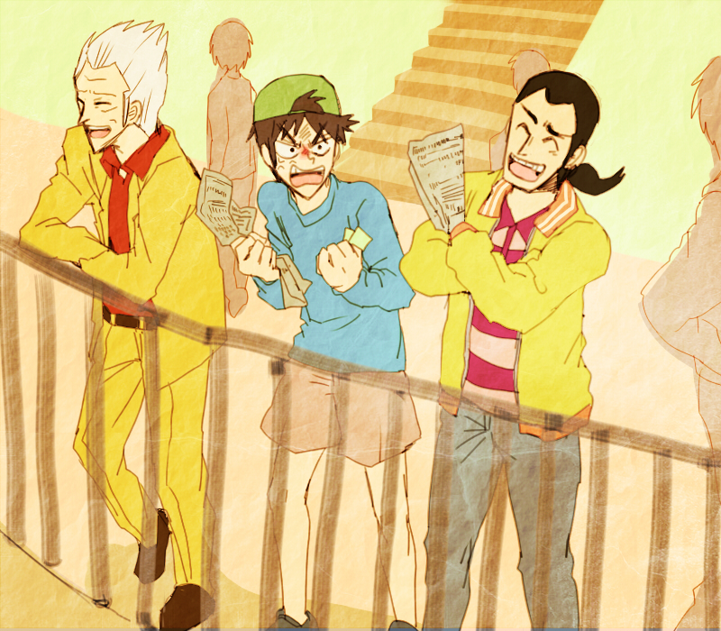 3boys, 3others, anger_vein, angry, backwards_hat, baseball_cap, black_footwear, black_hair