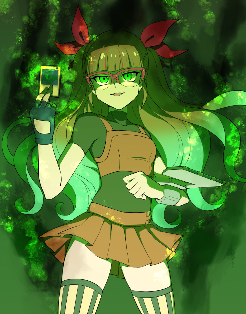 1girl, brown_hair, card, corruption, dark_persona, fingerless_gloves, gloves, green_eyes