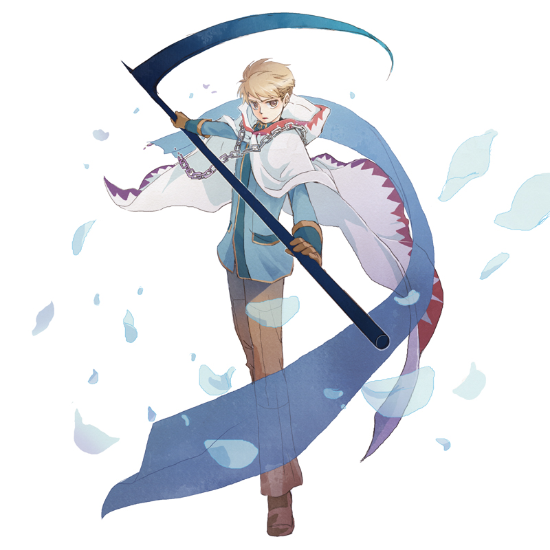 1boy, akatori_(piko), brown_hair, chain, cloak, gensou_suikoden, gensou_suikoden_i, gensou_suikoden_iv, male_focus, pikopico, robe, scythe, short_hair, solo, ted, ted_(suikoden), weapon