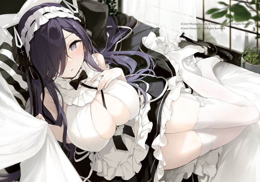 1girl, apron, august_von_parseval_(azur_lane), august_von_parseval_(the_conquered_unhulde)_(azur_lane), azur_lane, bare_shoulders, black_horns, black_shoes