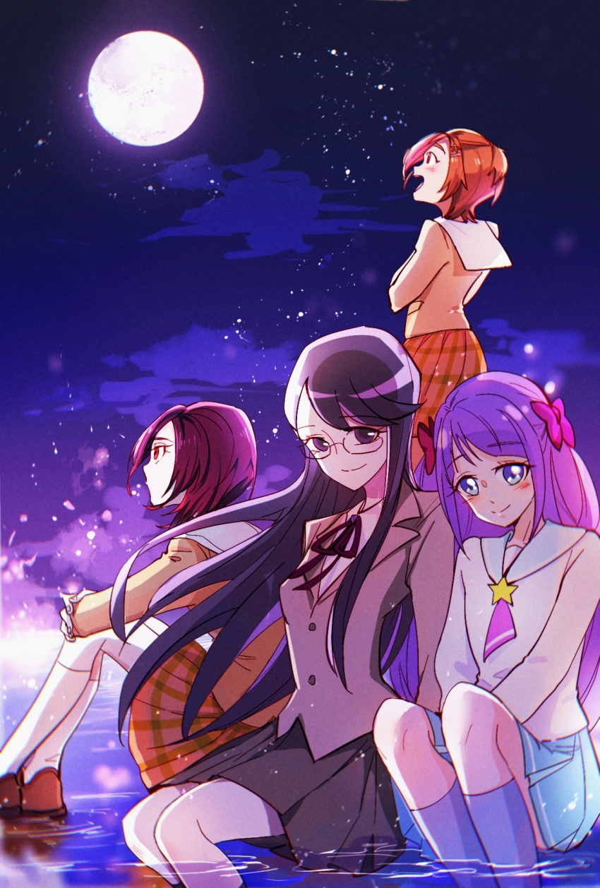 4girls, black_eyes, black_hair, black_ribbon, blazer, blouse, blue_eyes, blue_skirt