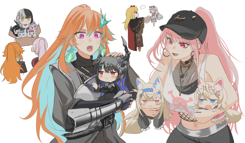 ..., 0_0, 6+girls, :3, animal_ear_fluff, animal_ears, asymmetrical_horns, bandaid