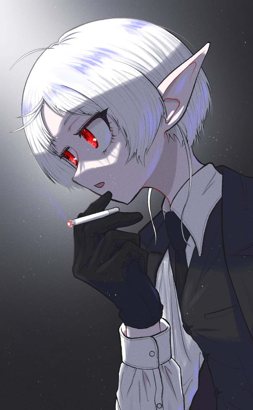 1girl, absurdres, ahoge, black_gloves, black_jacket, black_necktie, cigarette, elf