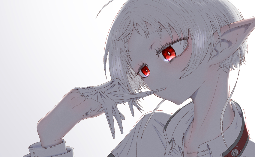 1girl, absurdres, biting, elf, biting_glove, glove_in_mouth, glove_pull, gloves