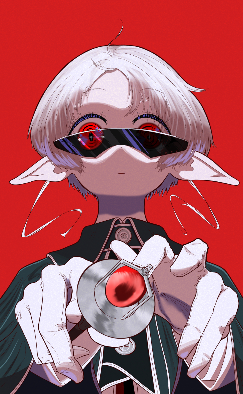 1girl, absurdres, cloak, elf, gloves, green_cloak, highres, holding, holding_wand, looking_at_viewer, mushoku_tensei, pointy_ears, red_background, short_hair, simple_background, solo, sunglasses, sylphiette_(mushoku_tensei), timushokutensei, wand, white_gloves, white_hair