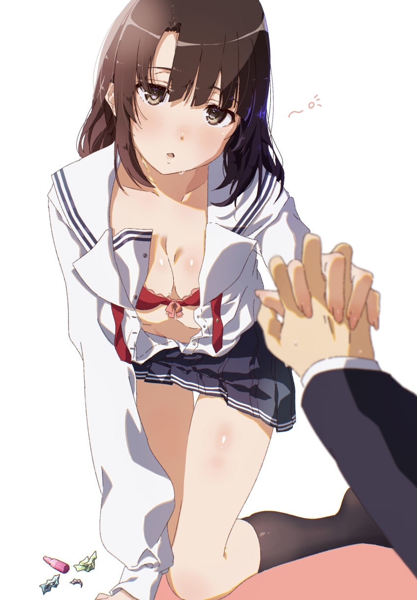 1boy, 1girl, black_socks, blush, bra, breasts, brown_eyes, brown_hair