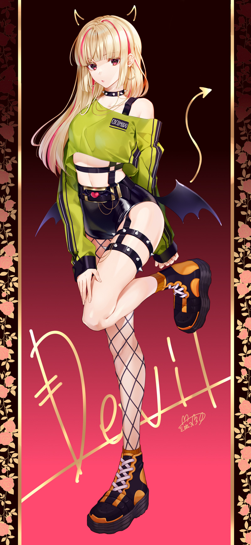 1girl, asymmetrical_legwear, belt, black_belt, black_shorts, blonde_hair, blunt_bangs, breasts, cocosuke, collar, crop_top, demon_wings, drawn_horns, drawn_tail, earrings, fake_wings, fishnets, full_body, green_shirt, high_tops, highres, hoop_earrings, jewelry, leg_up, long_hair, long_sleeves, looking_at_viewer, medium_breasts, midriff, multicolored_hair, off-shoulder_shirt, off_shoulder, original, red_eyes, shirt, shoes, short_shorts, shorts, sneakers, solo, spiked_collar, spikes, standing, standing_on_one_leg, streaked_hair, thigh_strap, two-tone_hair, wings