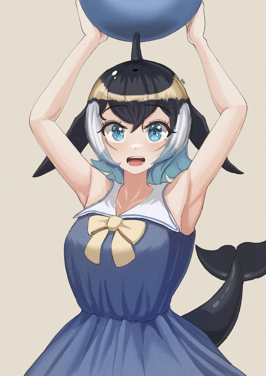 animal_ears, armpits, ball, black_hair, blonde_hair, blowhole, blue_eyes, blue_hair